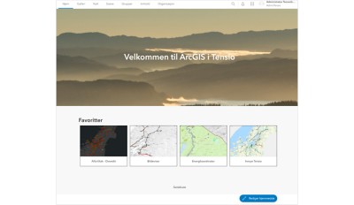 Website featuring a landscape header, "Velkommen til ArcGIS i Tensio". Beneath are image links of maps.