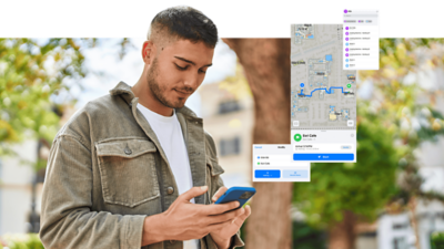 Person walking outdoors looking down at their smartphone with insets showing a route map and building details