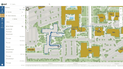 Digital map of a campus displaying a walking route and a side panel with turn-by-turn directions.
