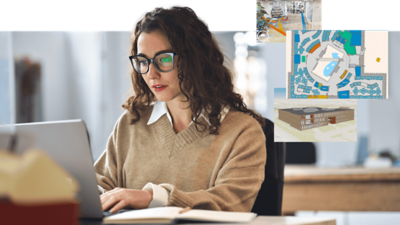 Person working in an office on a laptop with insets showing a digital floor plan, a 3D building model, and a building interior