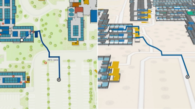 Split screen of a 2D route map and a 3D multi-floor building floor plan showing the same route