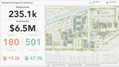 Workspace management dashboard displaying details like net square footage, annual lease costs, vacant and occupied offices, and a facility map.
