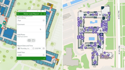 Split screen of a water leak report form over a floor plan and another view of the building with purple icons for assets