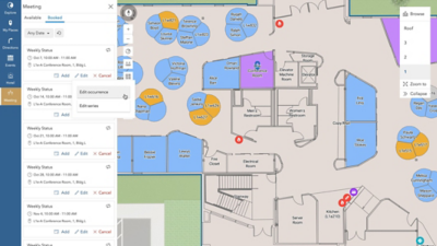 Space management software showing available and booked workspaces and facility features such as fire extinguishers