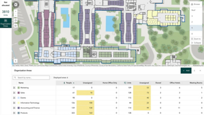 Facility management software displaying a color-coded building floor plan and data table listing departments, people, units, and more.