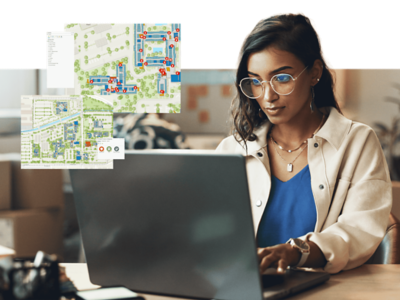 오피스에서 노트북으로 작업 중인 사람과 대규모 캠퍼스의 상세 맵을 보여주는 두 개의 인셋