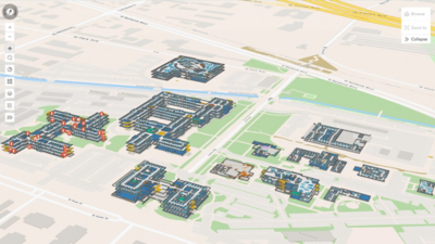 건물을 층층이 쌓인 색상으로 구분된 평면도로 보여주는 대규모 캠퍼스의 3D 수치 지도