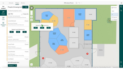 Indoor space planning software showing a color-coded office floor plan and a list of unassigned employees