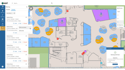 Color-coded office floor plan with an inset showing a Booking Confirmation and a panel for available and booked spaces.