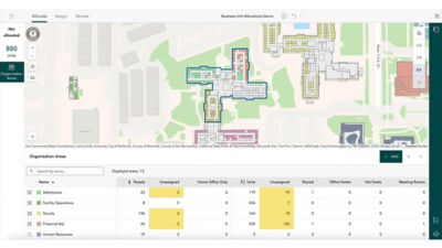 Business unit allocation dashboard displaying a campus map and color-coded buildings with a data table below