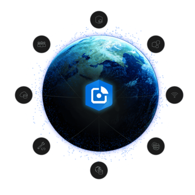An illustration of earth, surrounded by a connected series of icons in circles representing data, teams, and technology