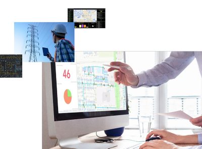 Kuvituskuva, missä kaksi henkilöä tarkastelevat ArcGIS Dashboard -sovelluksella tehtyä näkymää
