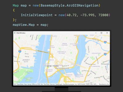 Écran d’ordinateur affichant une carte de la partie sud de Manhattan, de Brooklyn et du New Jersey sous des lignes de code