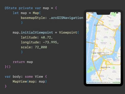 Appareil mobile affichant une carte de Manhattan et de Brooklyn à côté de lignes de code