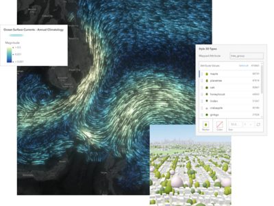 Ocean current flows on a global map, a layer styling panel for 3D tree types, and a 3D city scene with modeled trees, alongside text describing how to build, analyze, and share interactive web maps