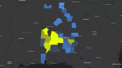 Mappa blu e gialla della Georgia e dell'Alabama con i nomi delle città in testo bianco su sfondo nero