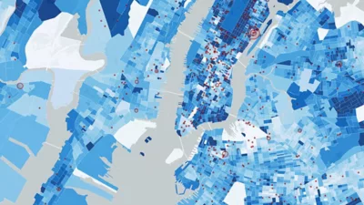 Mappa grafica in bianco e blu di una vista stradale con punti di dati rossi sparsi