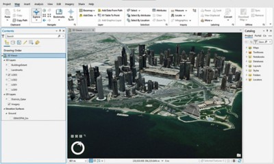 Screenshot of ArcGIS Pro software featuring a 3D map of a city with many buildings, roads, and water in the 3D viewer window