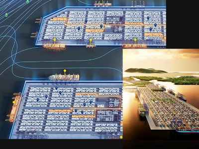 Une version numérique du système portuaire de Cai Mep–Thi Vai au Vietnam montre les emplacements des conteneurs et les trajets des embarcations, ainsi qu’une représentation réaliste du port dans son environnement naturel