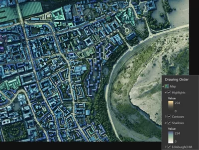 Carte stylisée d’Édimbourg, en Écosse, montrant des bâtiments et des terrains ainsi que des outils cartographiques dans ArcGIS Pro