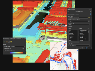 A lidar-derived point cloud layer showing a building in 3D in ArcGIS Pro