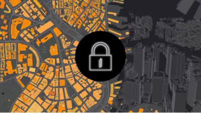 A map with clustered orange buildings and a lock symbol overlaid 