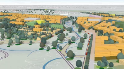 A 3D city model showing highlighted building projects in green and red and gray clustered buildings near a body of water