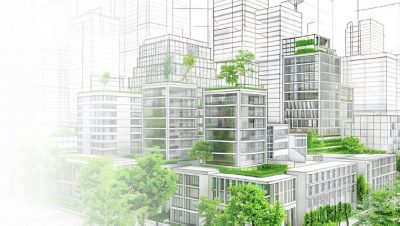 Größtenteils fertige, mit Bleistift erstellte Architekturzeichnung eines Wolkenkratzerblocks mit Begrünung, die sich über mehrere Ebenen der einzelnen Gebäude erstreckt