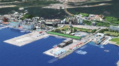 Cyfrowy obraz portu Badouzi z modelem rosnącego poziomu morza