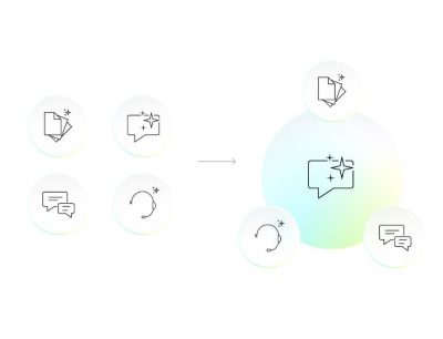 Minimalist line icons of documents, chat bubbles, and circular arrows are arranged in small circles on the left side of the image.