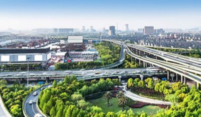 A complex highway network in a developed urban area