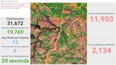 A map of the Kutupalong refugee camp shows the camp’s population how many have access to wash rooms using green and red