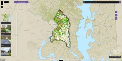 The Prince George’s County Level of Bicycle Traffic Stress application’s home where users can explore roads and trails for bicycling with various levels of bicycle traffic stress symbolized. 
