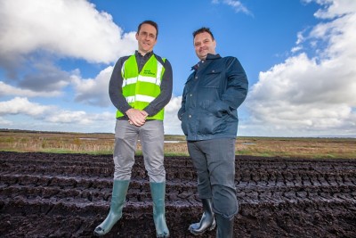 L-R: Michael Lenihan, GIS Manager, Bord na Móna and Phil McLaughlin, Client Manager, Esri Ireland, pictured at West Boora Bog at the announcement that Esri’s digital mapping system is enabling Bord na Móna to rehabilitate precious peatland ecosystems