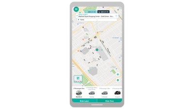 a mobile device displays a map with two points on it, estimated fare amount for distance traveled
