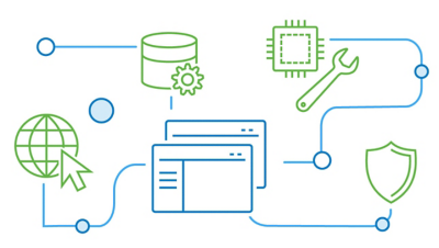 An illustration of information technology components connected by lines to internet browser windows