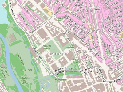 Map of Cardiff with street and feature names listed