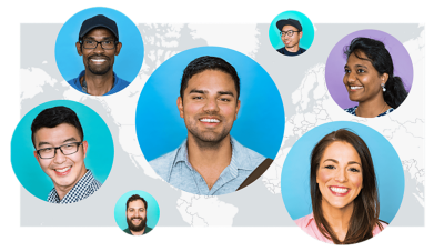 A world map featuring superimposed, circular headshots of smiling people from diverse backgrounds
