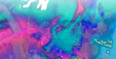 Colorful seafloor bathymetric map with contour lines and gradient shades of blue, purple, and green indicating elevation changes.