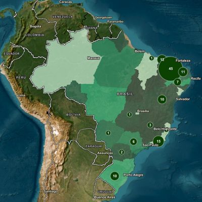 Map of Brazil with areas shaded green to show concentrations of renewable energy generation and green hydrogen projects
