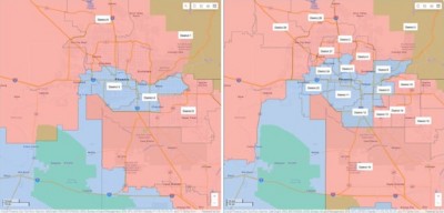A side by side comparison of two different redistricting maps of the same Arizona area