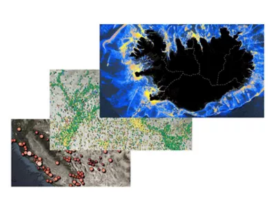 Trois cartes superposées illustrant différents types de contenu disponibles dans ArcGIS Living Atlas.