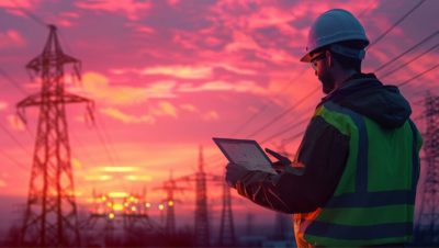 Travailleur portant un casque de chantier et un gilet de sécurité qui utilise une tablette devant plusieurs tours de transmission sur un coucher de soleil