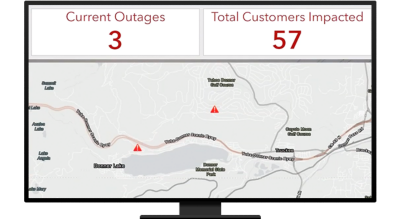 A gray map with red caution symbols that lists 3 current outages and a total of 57 customers impacted by those outages