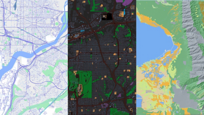 Three styles of basemaps: first with a lighter theme with purple and green accents, second a dark theme, and third using green, blue, and grey to mark geographic features