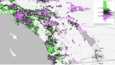 Map of Southern California with shaded areas in green and purple depicting income levels