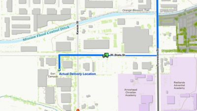 Map showing a delivery route and precise delivery location on the Esri campus in Redlands, California