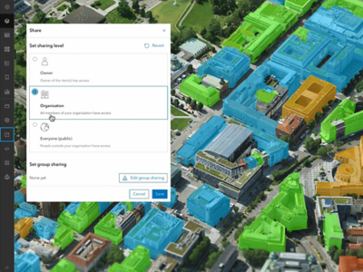 A sharing interface appears over a map of building footprints in Scene Viewer—a dedicated web app for visualizing geospatial data in 3D