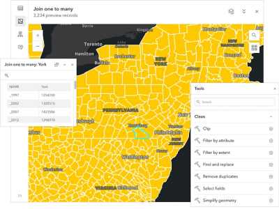 A map of the northeastern United States overlaid with menu panes for tools and databases