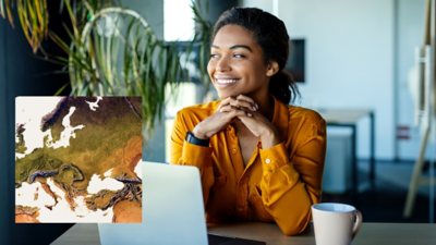 Smiling person, hands under chin, looks to the left; overlaid with a small map of the Mediterranean